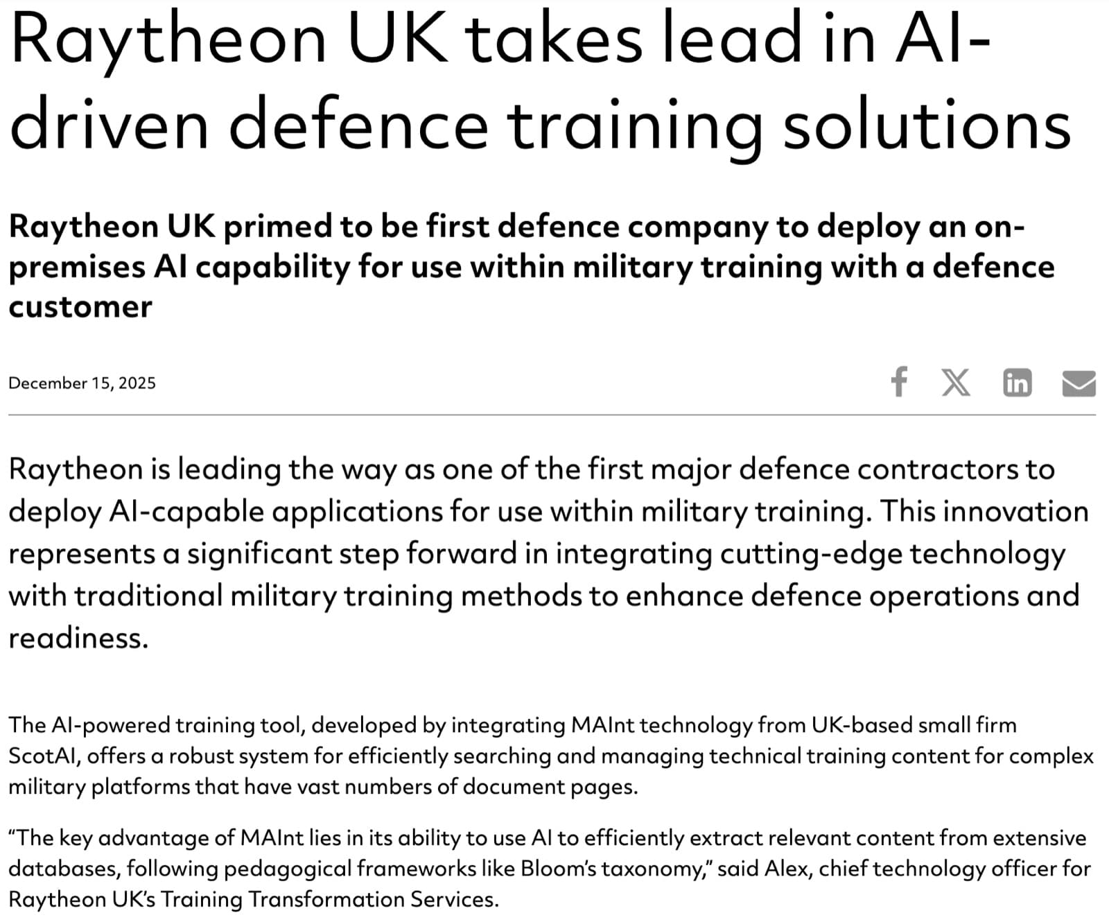 mAint in the media: "Raytheon UK takes lead in AI-driven defence training solutions"