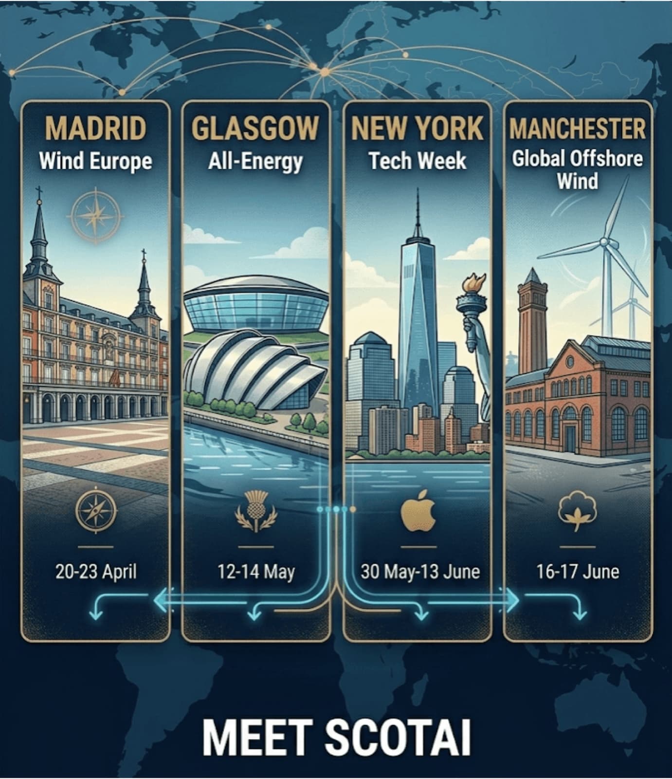 meet ScotAi in Madrid, Glasgow, New York or Manchester.
